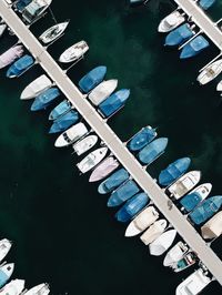 Aerial view of boats moored in lake
