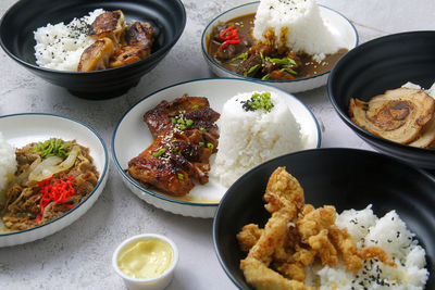 High angle view of food served on table