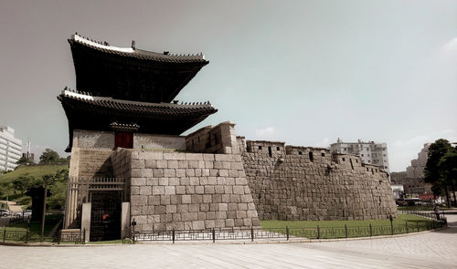 Low angle view of temple building against sky