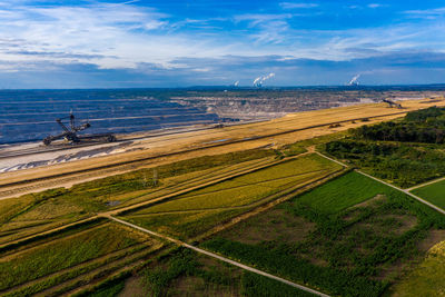 Panoramic view of hambach surface mine and hambach forest, germany. drone photography.