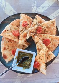 High angle view of breakfast served on table