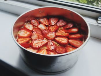 High angle view of fruit in bowl on table