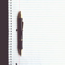 Directly above shot of pen on spiral notebook at table