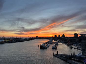 Boats in river against sky during sunset