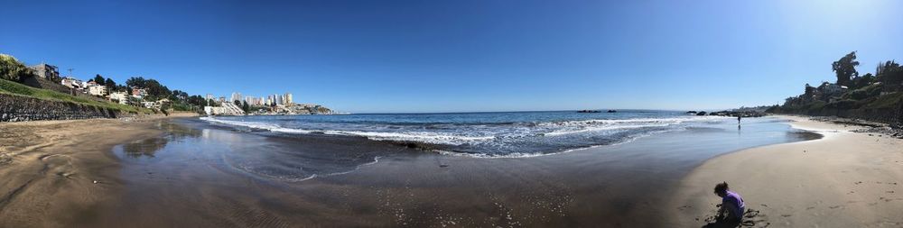 Panoramic view of sea against clear blue sky