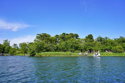 Scenic view of lake against blue sky