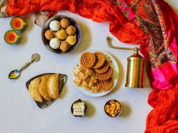 High angle view of cookies in plate on table