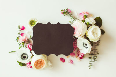 Directly above shot of rose bouquet against white background