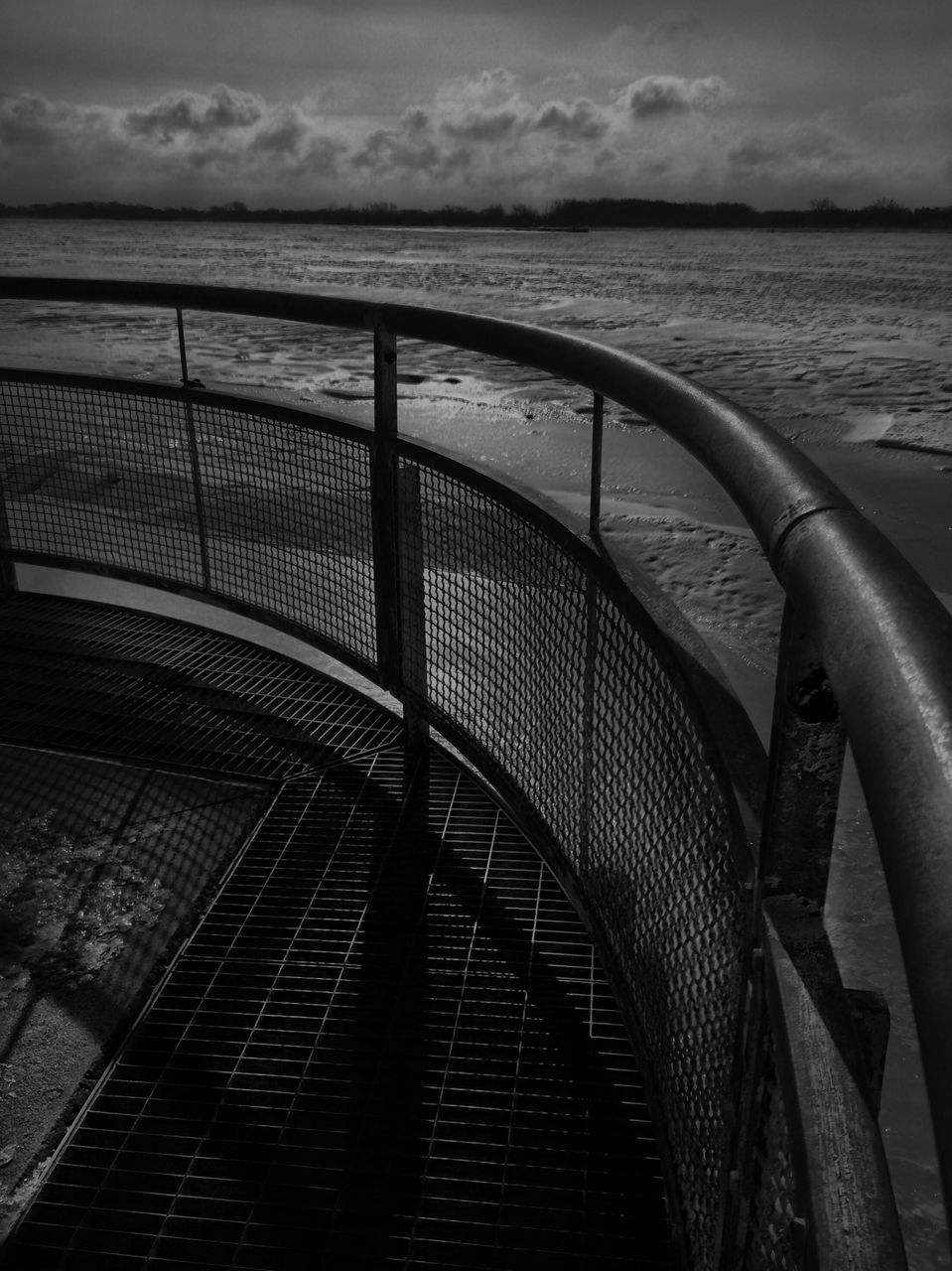 sea, water, railing, sky, horizon over water, cloud - sky, beach, metal, tranquility, pier, tranquil scene, nature, shore, cloud, no people, scenics, built structure, day, outdoors, beauty in nature