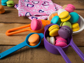 High angle view of multi colored candies on table