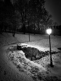Trees on snow field against sky at night