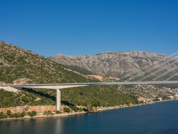 Bridge over mountains against clear blue sky