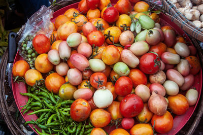 High angle view of fruits in basket for sale