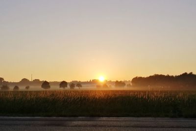 Scenic view of field against clear sky during sunset