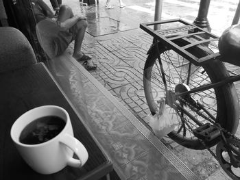 High angle view of coffee served on table