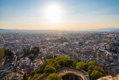 High angle view of townscape against sky during sunset