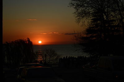 Silhouette trees by sea against sky during sunset