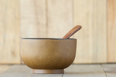 Close-up of drink in bowl on table against wall