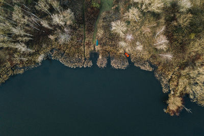 Areal view of a bank with row boats