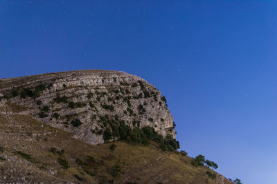 Low angle view of mountain against clear blue sky