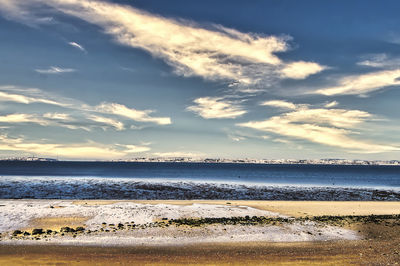 Scenic view of beach against sky during sunset