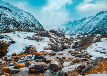 Scenic view of snowcapped mountains against sky