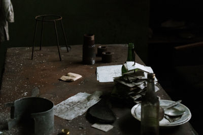 High angle view of broken glass on table