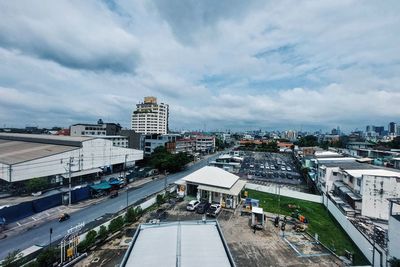 High angle view of street amidst buildings in city