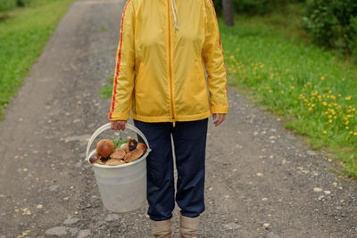 Mushroom harvest time. woman with a basket of mushrooms in the autumn forest
