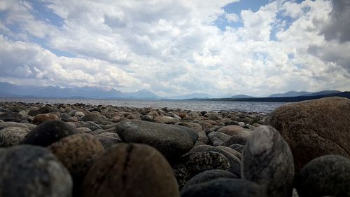 Surface level of pebble beach against sky