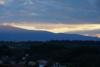 Scenic view of mountains against sky at sunset