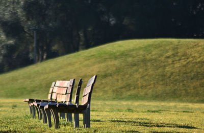 Empty bench on field against trees