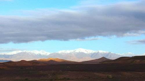 Scenic view of mountains against cloudy sky