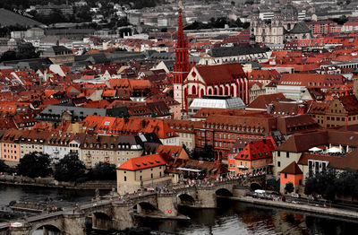 High angle view of city at river