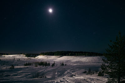 Scenic view of snow covered landscape against sky at night