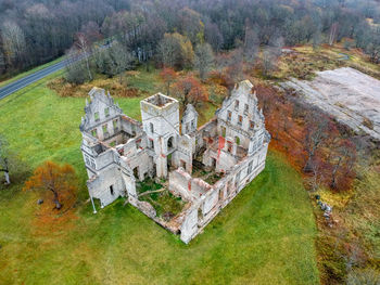 High angle view of trees growing on field