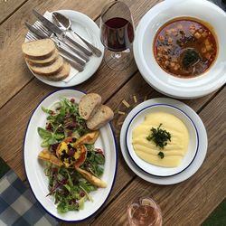 High angle view of breakfast served on table