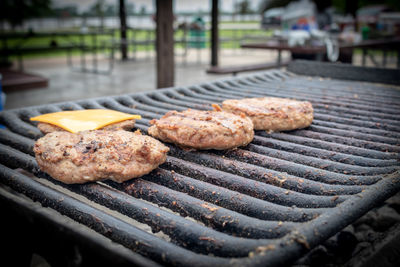 Close-up of meat on barbecue grill