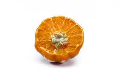Close-up of orange slice against white background