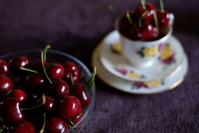 High angle view of fruits in bowl on table