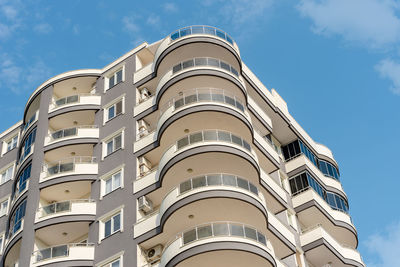 Low angle view of an apartment building with balconies. residential real estate.