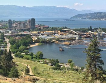 West kelowna,  lake okanagan british columbia canada,  bay with boats, view from knox mountain