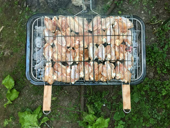 High angle view of meat on barbecue grill