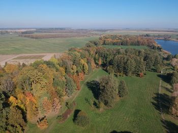 High angle view of trees on landscape against sky