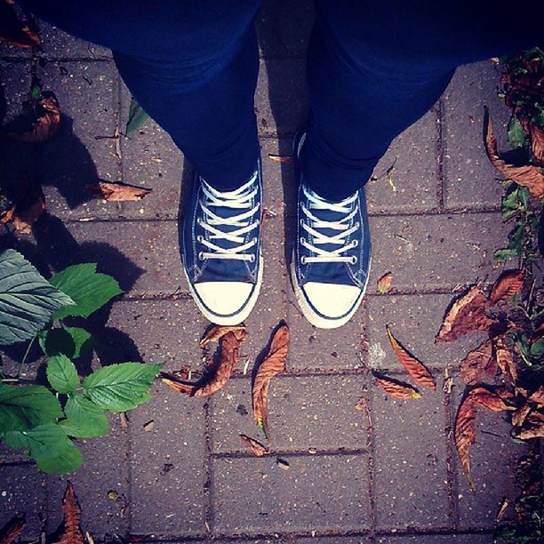 low section, person, shoe, men, standing, leaf, lifestyles, jeans, street, footwear, human foot, leisure activity, unrecognizable person, outdoors, high angle view, leaves, day