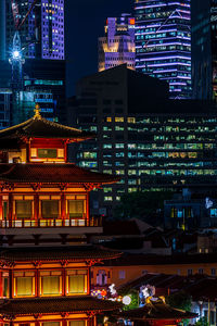 Illuminated buildings in city at night