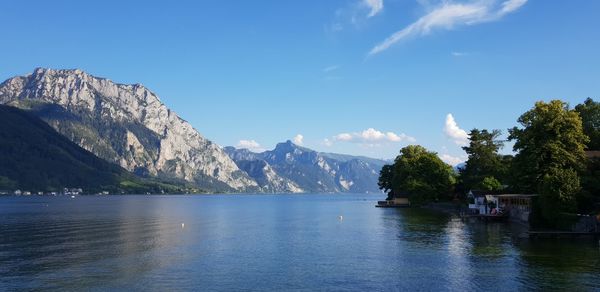 Scenic view of lake and mountains against sky