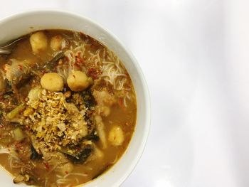 High angle view of soup in bowl