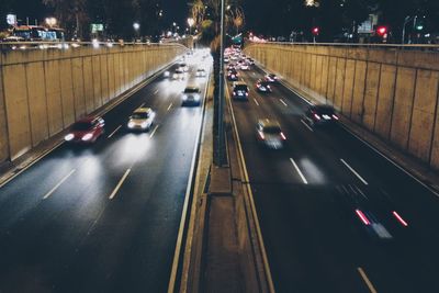 High angle view of traffic on road at night