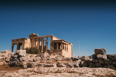 Low angle view of ancient built structure against clear blue sky